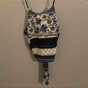 Blue and white print crop top